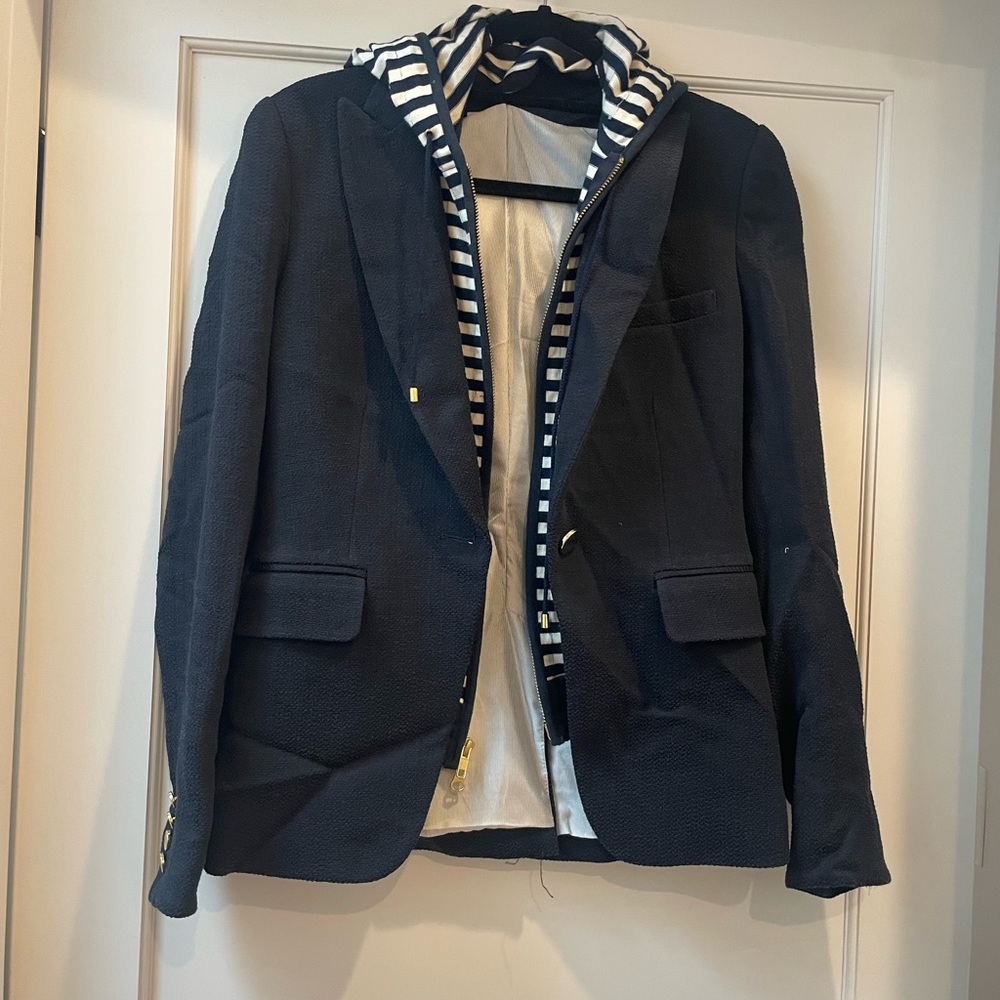 Veronica Beard Navy Textured Blazer with Striped Hooded Lining